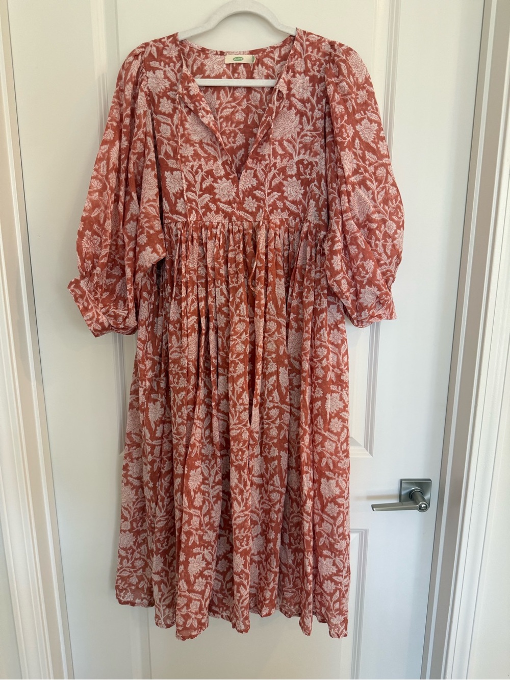 Dolma Mylah Cotton Block Print Puff Sleeve Midi Dress-Apricot